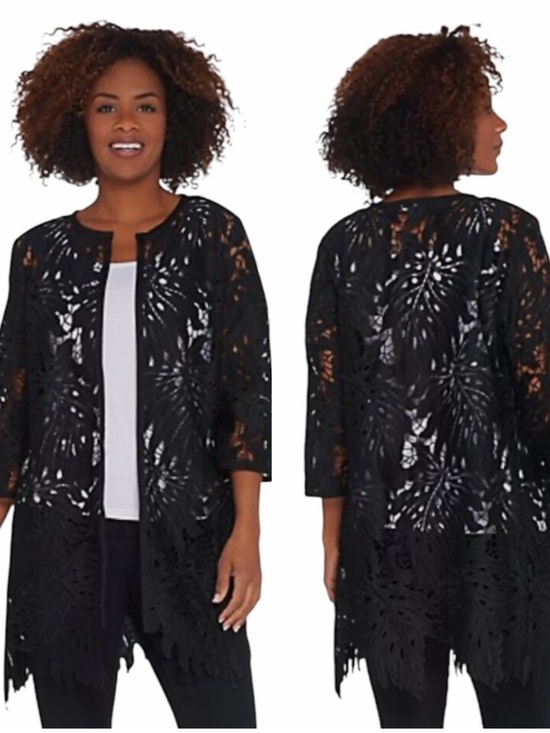 dennis basso Tops - Dennis By Dennis Basso Medium Black Lace Open Front Cardigan